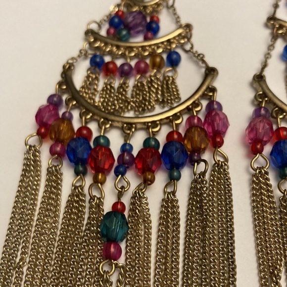 Large Multi Tier Chain Tassel Colorful Bead Boho Earrings - Picture 3 of 13